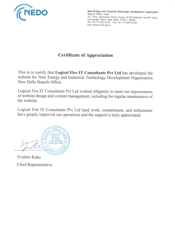 Certificate of Appreciation from NEDO New Delhi Branch Office recognizing LogicalFire for website development, content management and regular maintenance, signed by Yoshiro Kaku, Chief Representative.
