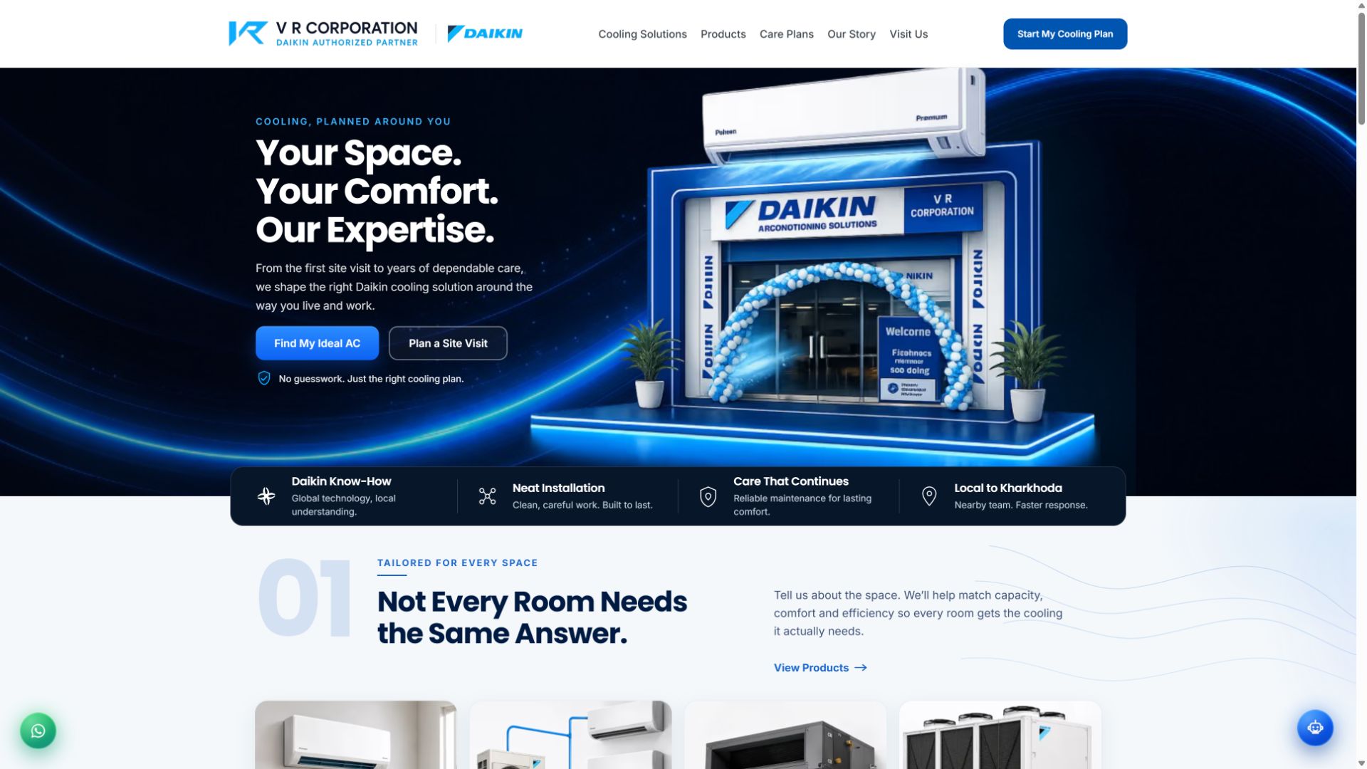 V R Corporation website homepage showing Daikin branding, the Your Space, Your Comfort, Our Expertise message and cooling-plan actions.